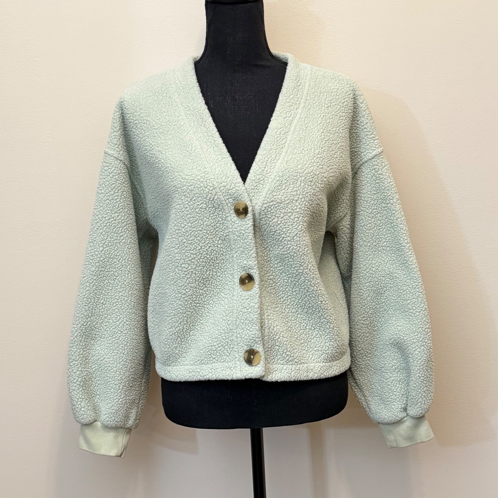 Madwell Womens M Green Sherpa Fleece Button Front Crop Cardigan Preppy Cozy Boho
